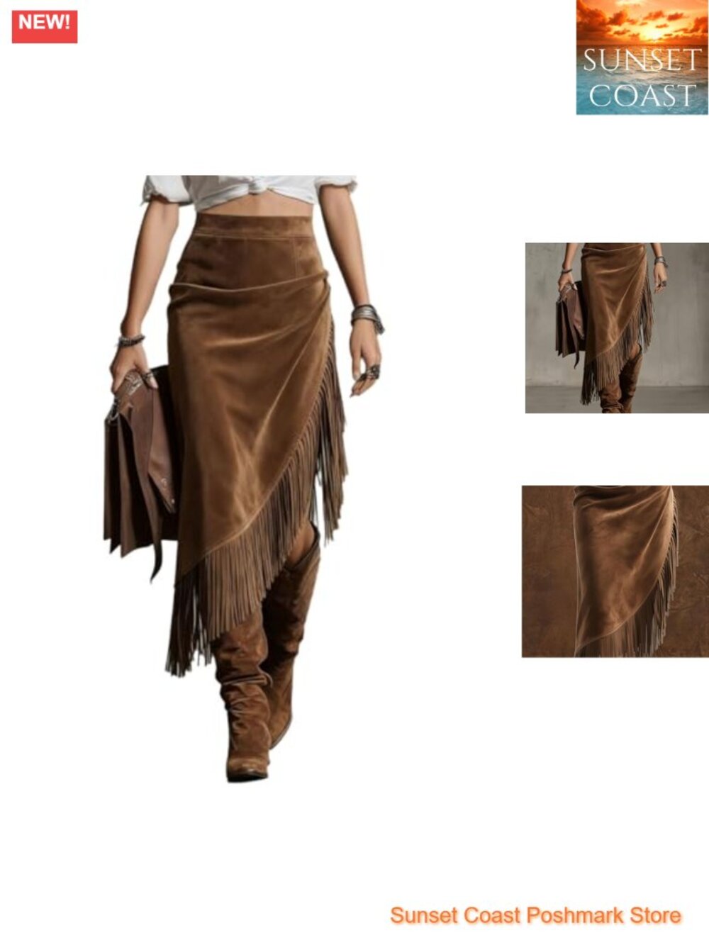 Faux Suede Midi Skirt High Waist Tassel Asymmetric Hem Western Womens